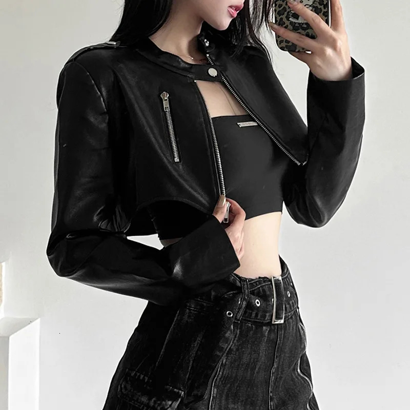 Goth Dark Zipper Cyber Gothic Y2k Crop Jackets Grunge Punk Style Faux Leather Coats Female Fashion Streetwear Irregular Hem Coat 250322