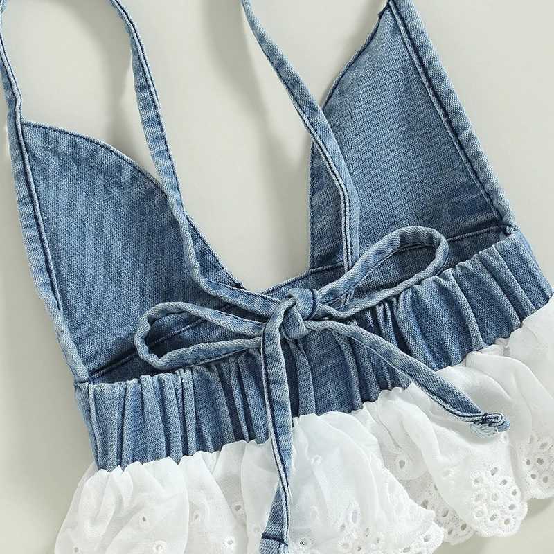 0-5Y baby girl summer clothing set 2023 new childrens sleeveless tie vest+lace decorative shorts childrens denim setT250327