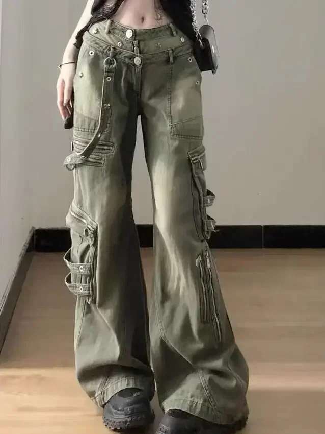 Loose Retro Washed Cargo Streetwear Zipper Baggy Hiphop Straight Pants Multi-Pocket Wide Leg Jeans Women