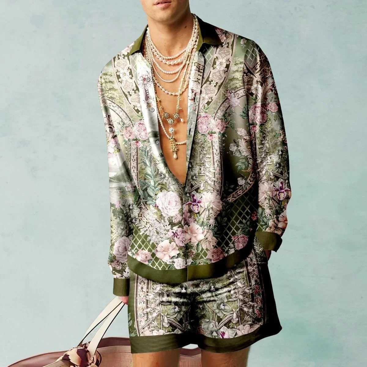 Hawaii Retro Fashion Beach Set Mens Casual Outdoor 3D Printed Abstract Long Sleeve Shirt 2-piece Set Loose Beach ShortsXJ250326