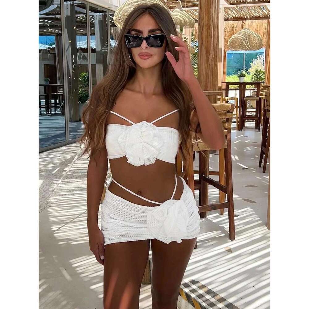 New Sexy 2025 Crochet Mesh Three Pieces Bikini Sets Swimsuit For Women 3D wers Swimwear Female Solid Bathing Suits Beachwear