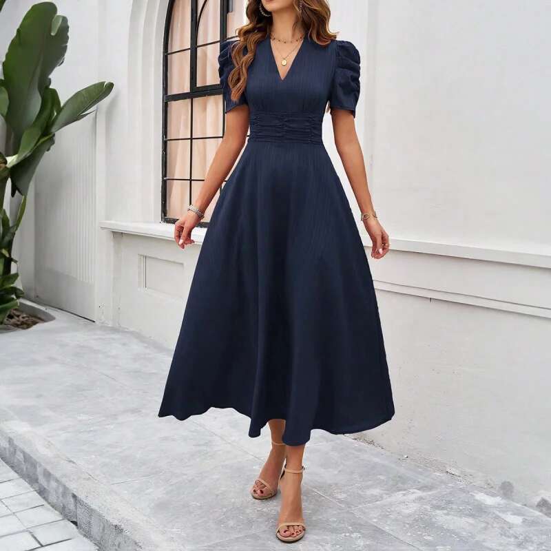 Dongdumaoyi Collectie Lente Zomer Verhoogde Jurk Met Hoge Taille Op Maat Gemaakt Silhouet Korte Mouwen In Effen Kleur