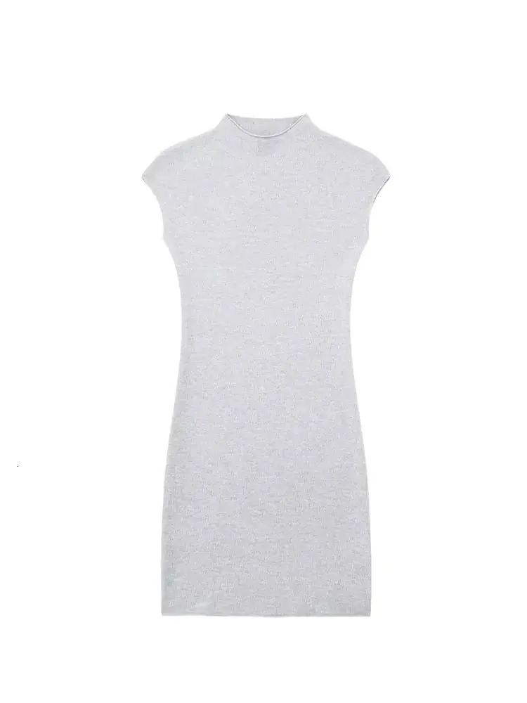 TRZA Women Fashion Stretch Knit Mini Dress Vintage High Neck Sleeveless Female Dresses Womens Dresses 250322