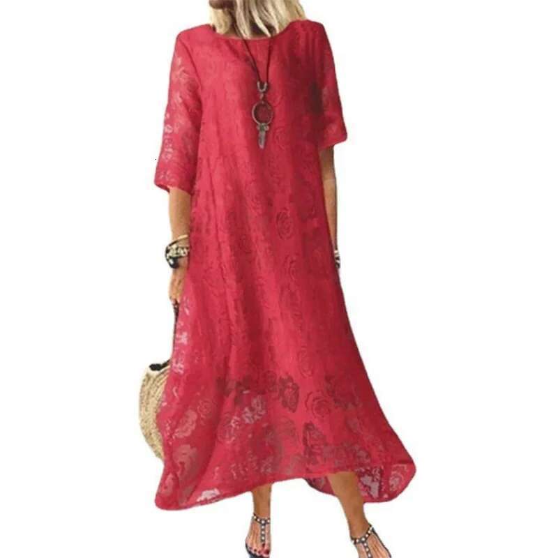 Dongdumaoyi Zomer Damesmode Nieuwe Hot Ronde Hals Korte Mouw Kant Lange Casual Damesjurk