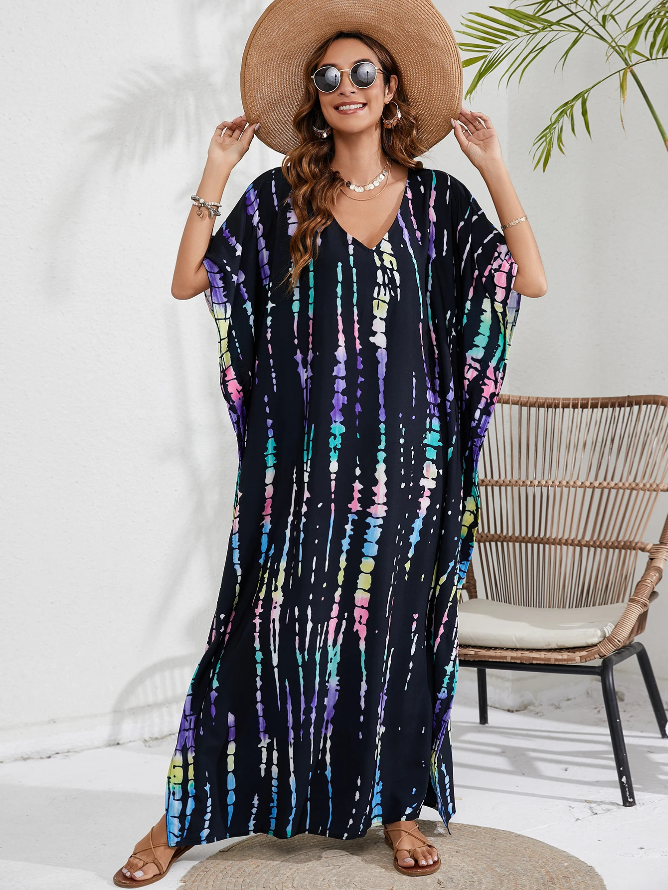 Womens Bohemian overlay plus size tie dye batwing sleeves Vneck Maxkaftan dress 250326