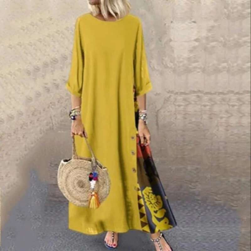 Dongdumaoyi Herfst Retro Bloemen Ronde Hals Kleurblok Knop Patchwork Mouw Damesmode Jurk A