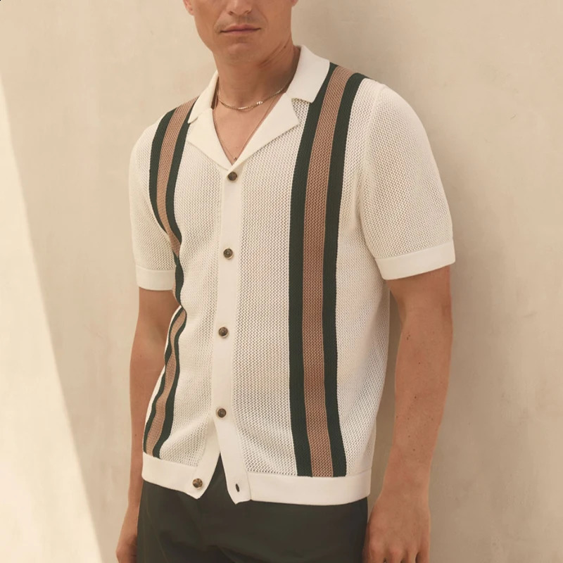 Mens cardigan T-shirt hollow striped knitted polo shirt casual buttons high-quality fashionable streetwear casual knitted 250327