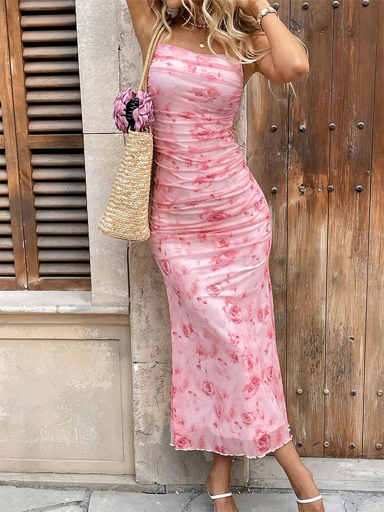 Womens mesh dress spring streetwear casual slim fit printed long skirt pink sexy womens suspender knitted dress 250322