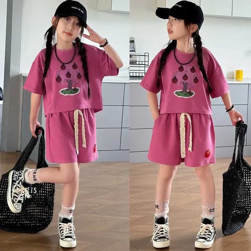 Summer girls clothing set countryside style short sleeved T-shirt and shorts 2-piece set teenage fashion topT250327