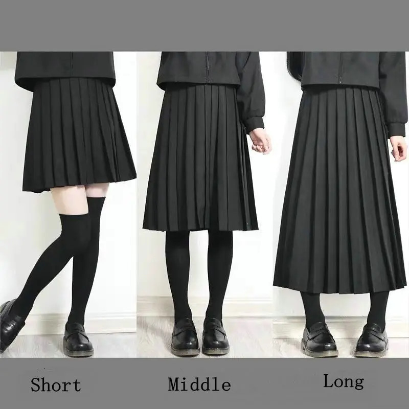 Elastic waist Japanese student girl school uniform solid color set pleated skiing shortmediumlong high dress 250326