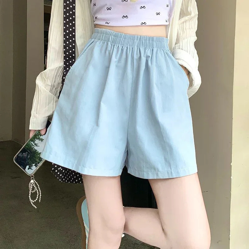 Summer Womens Double Pocket Cargo Shorts Solid Wide Leg Wash Cotton Girls Korean Bag High Waist Muffin 250326