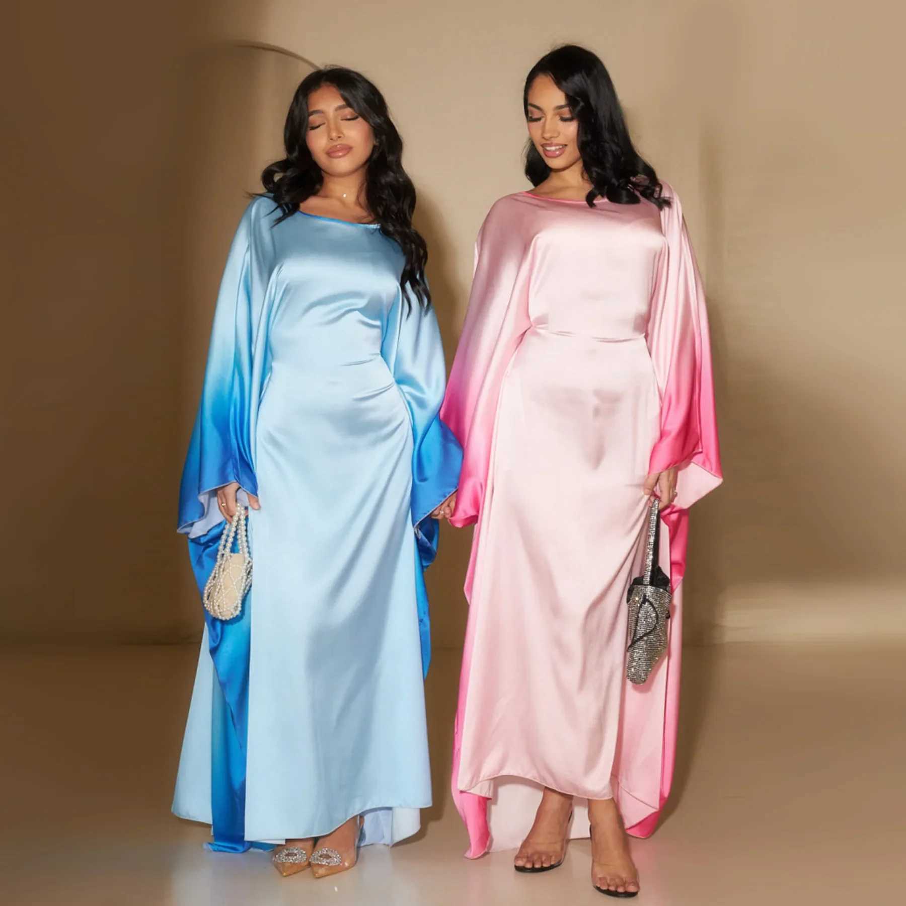 Butterfly Abaya Inside Belt Muslim Party Long Dress Gradient Satin Abayas for Women Dubai Turkey Islamic Clothes Eid Kaftan Robe X250514