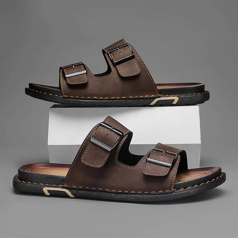 Fashion for men, PU leather, metal details, buckle strap, plus size, summer beach men's mid heeled shoes, sandals