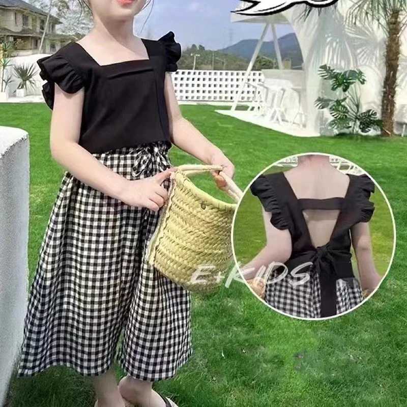Summer Chills Girls Clothing Sets 2024 New Camisole Top Plus Plaid Wide Leg Pants 2PCS Fashion Baby Clothing SetT250327