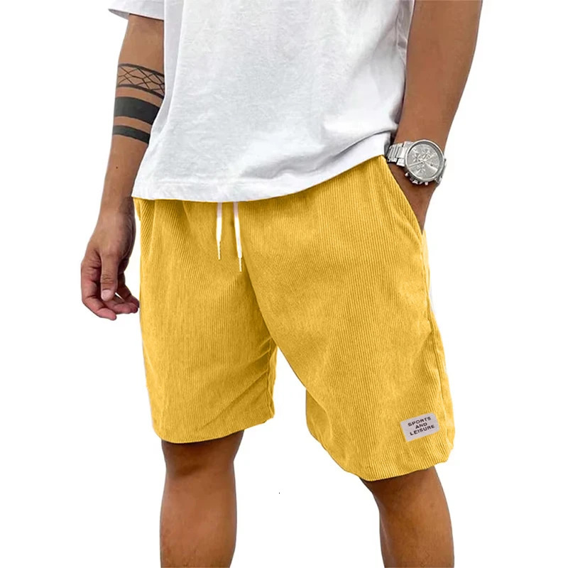 Summer mens solid Corduroy shorts with drawstring and casual elastic waist suitable for outdoor daily activities 250322