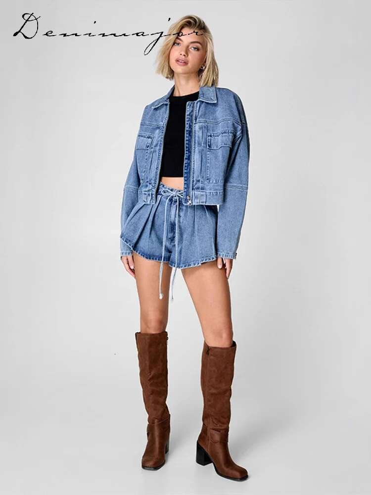 Lace Up Pleated Denim Women Shorts Suits Lapel Zipped Jacket Wide Leg Mini Pants Female Spring Summer New Fashion Lady Sets