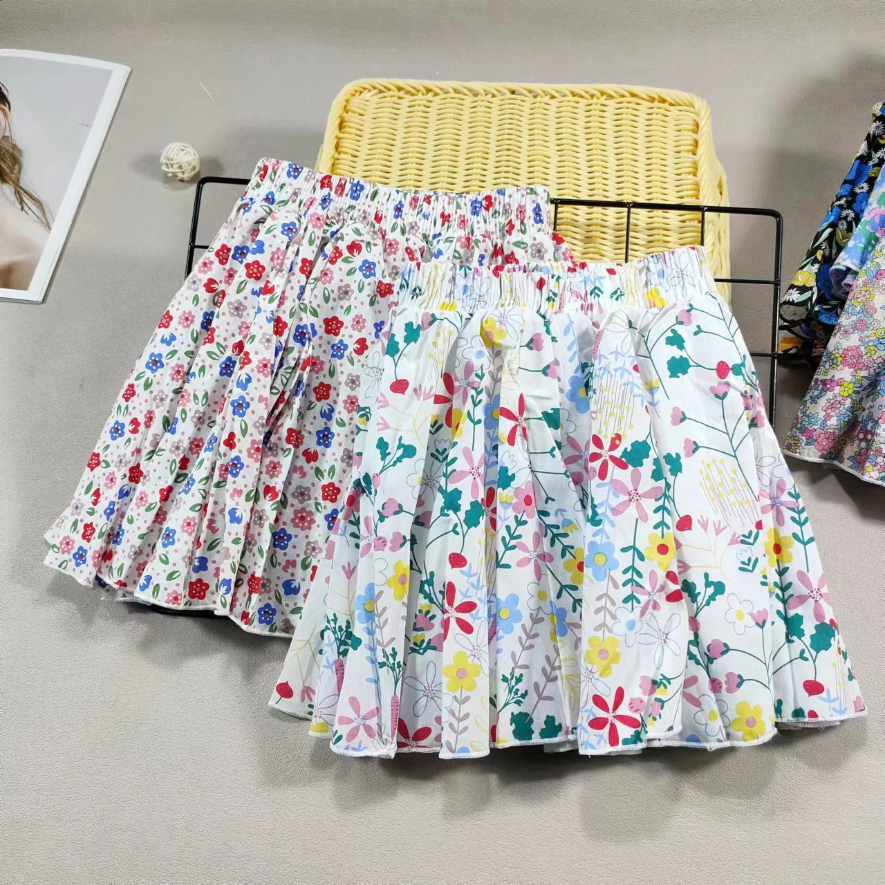 Girls Cotton Floral Princess Hundred Fold Skirt Sweet Big Elastic Waist Mini Childrens Skiing 250312