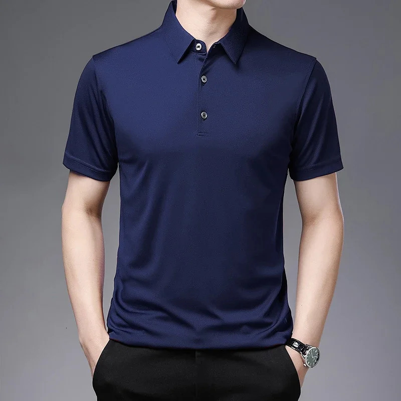 mens solid color business casual polo shirt summer fashion short sleeved comfortable breathable top 250327