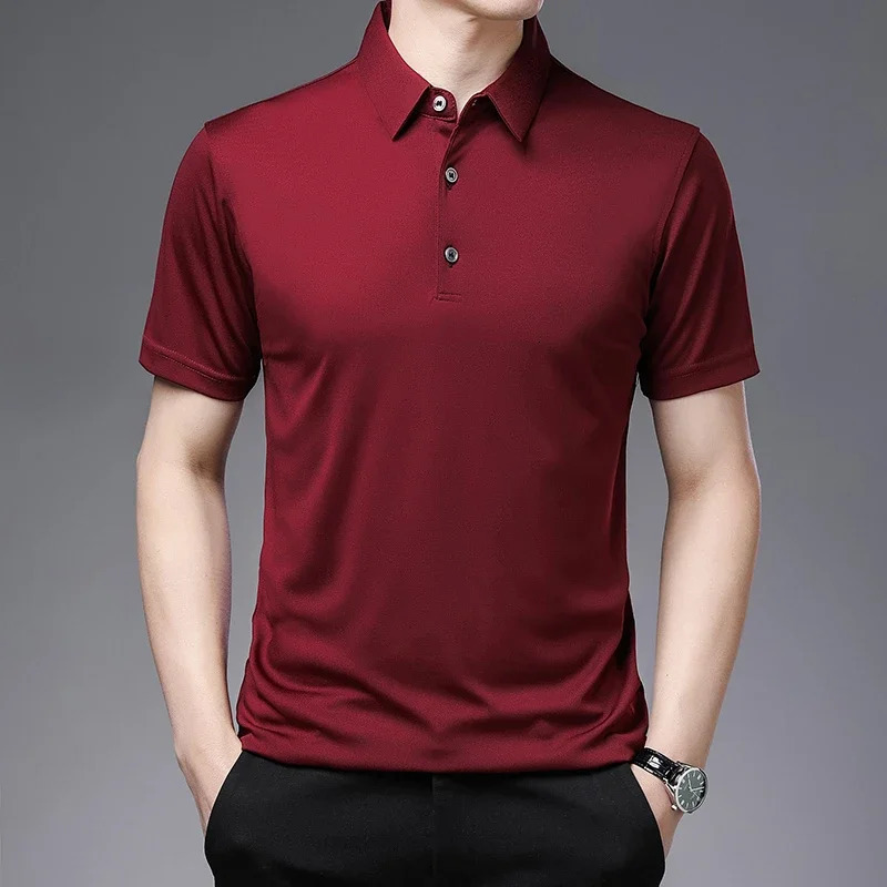mens solid color business casual polo shirt summer fashion short sleeved comfortable breathable top 250327