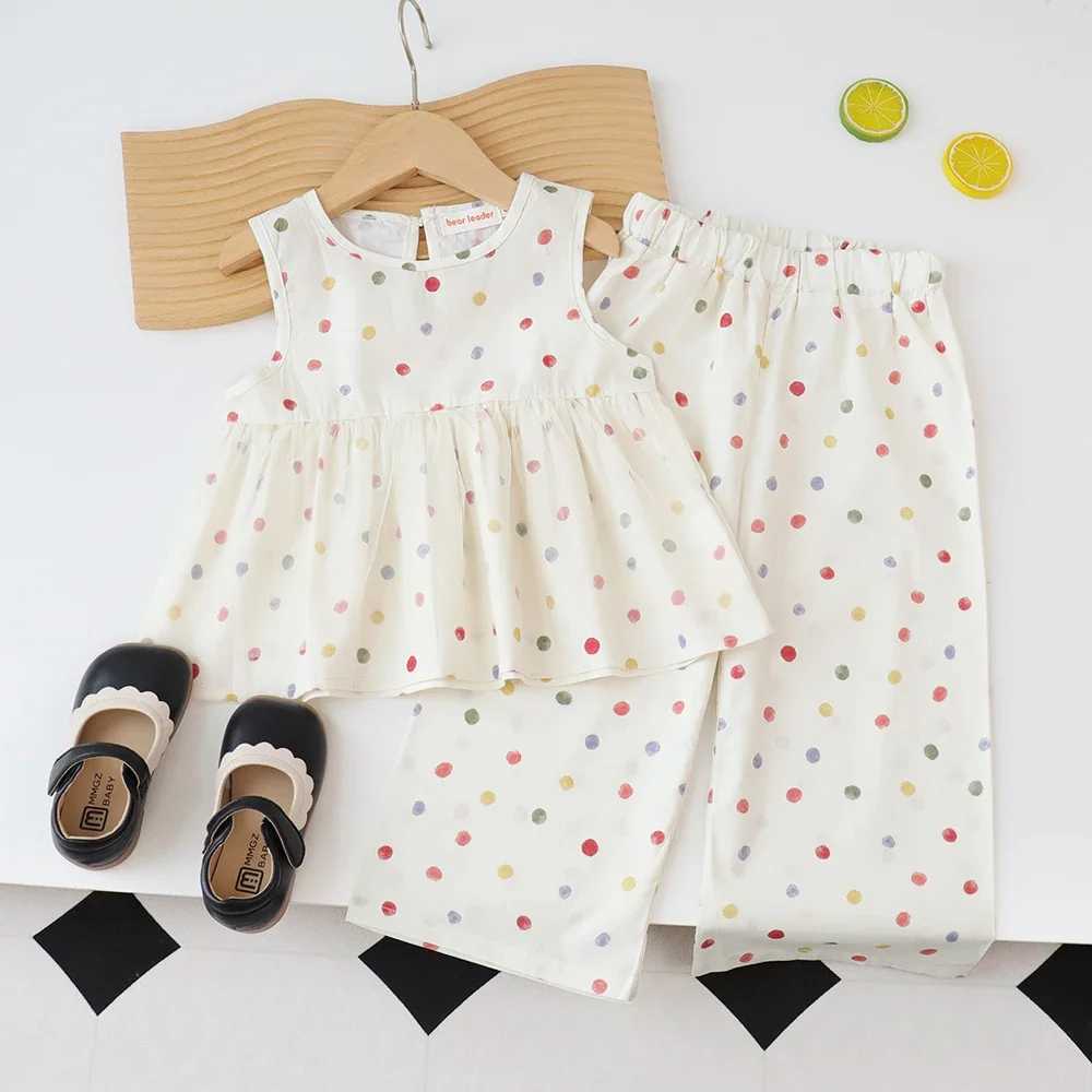 Summer mesh childrens set sleeveless polka dot top+wide leg pants 2-piece set for girls clothing casual set 3-7 YT250327