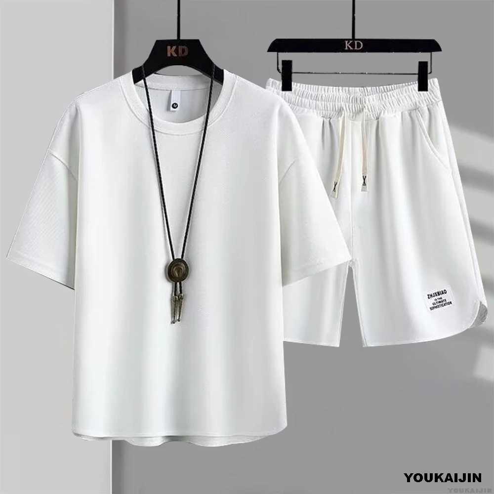 Mens Xinhua Biscuit Summer Set 2025 Korean Casual T-shirt+Shorts Set Mens Solid Color Loose SetXJ250326