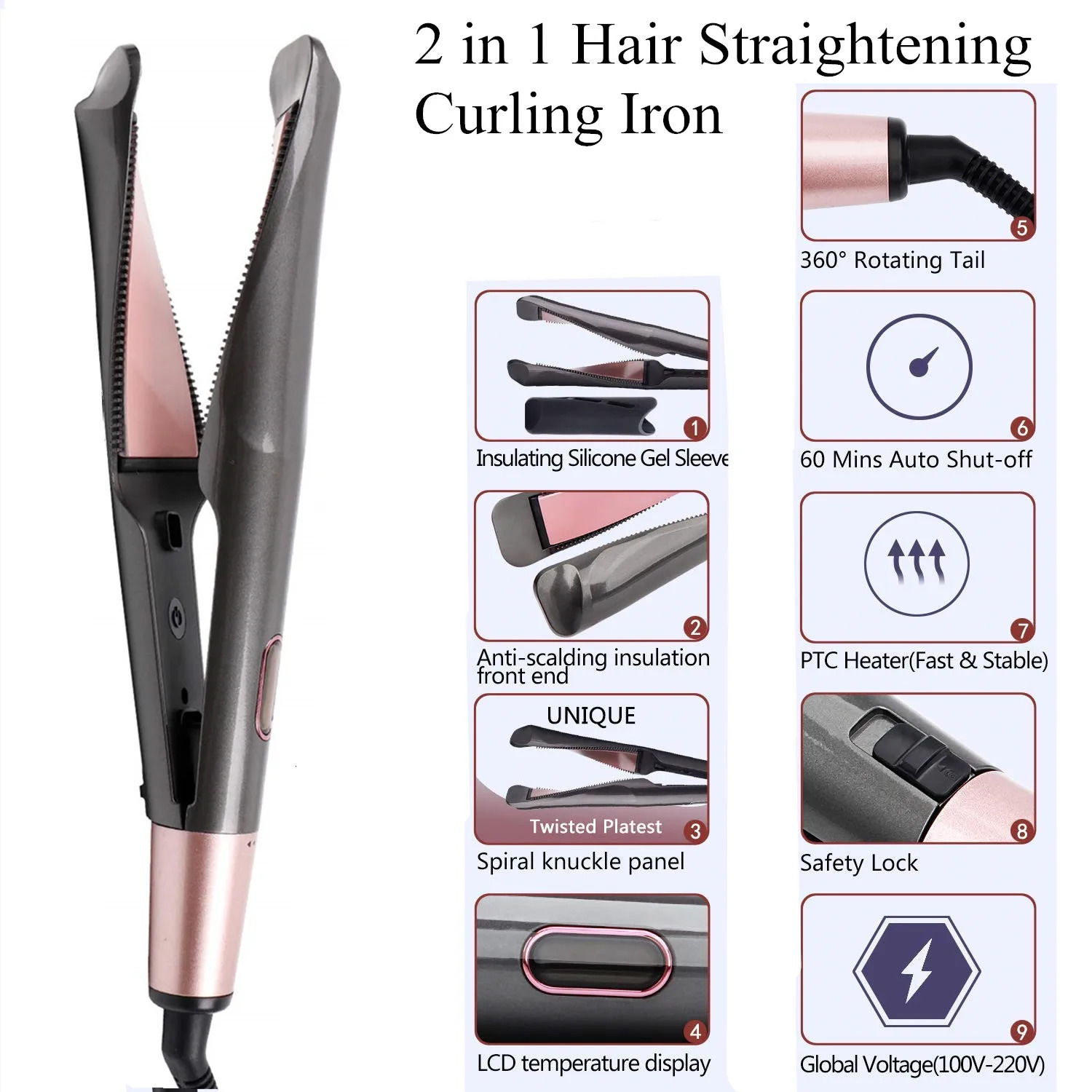 Professional Hair Straightener 2-In-1 Straight Curler Tourmaline Ceramic Heating Plate Curling Twisted Flat Iron Hair Styling 250324
