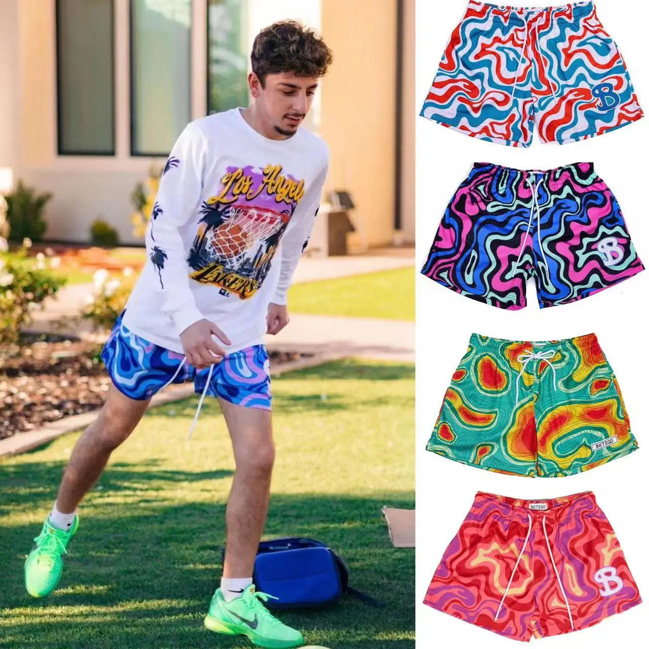 European and American trend pigment style shorts mens mesh quick drying summer loose quarter knee basketball pants 250326