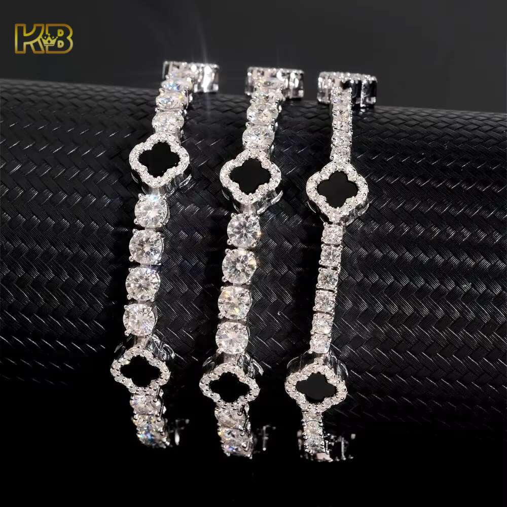 Iced Out 3mm 5mm 925 Silver Moissanite Diamond Tennis Necklace with Four-leaf Clover Design Fashion Tennis Jewelry for Men Women