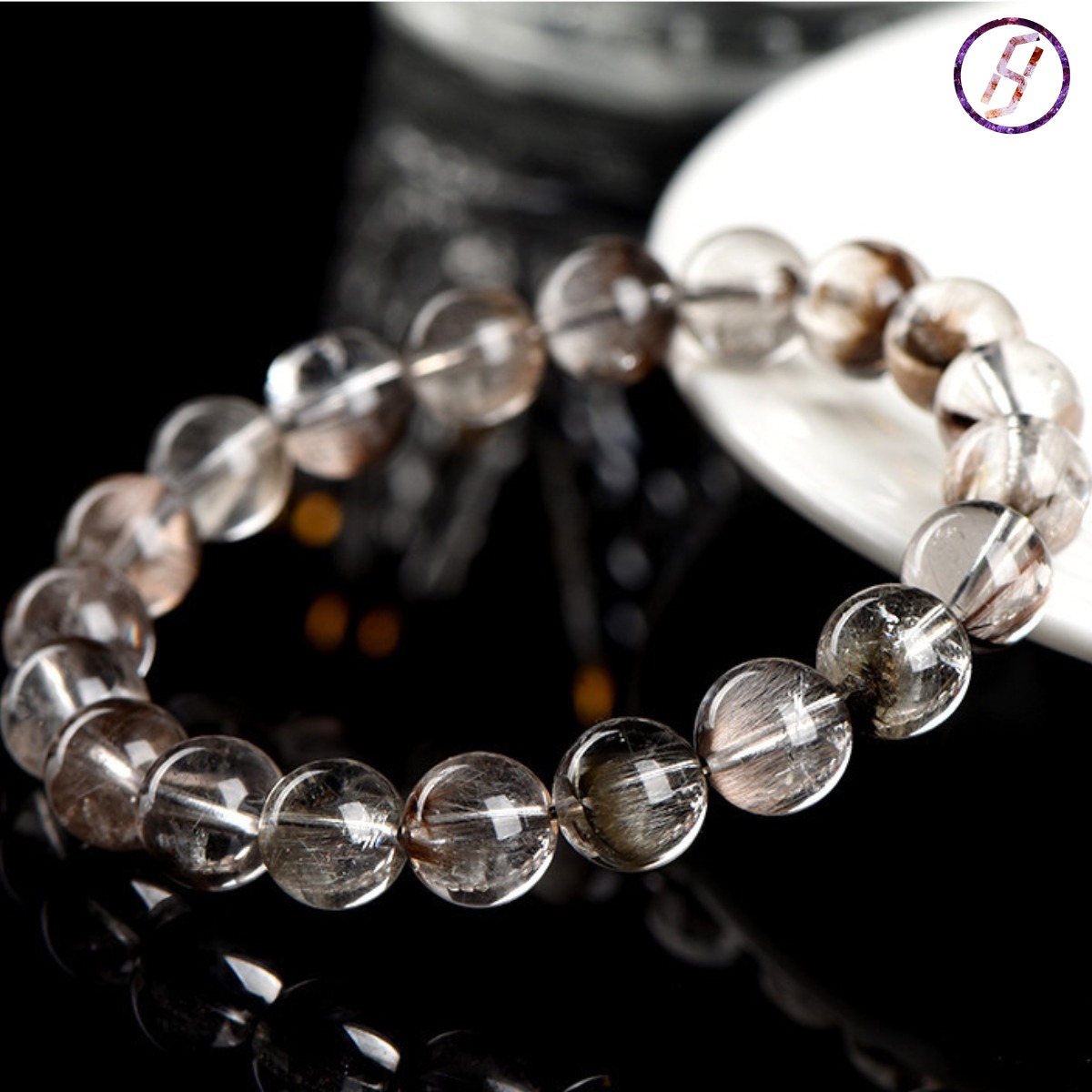 Natural Black Silver Titanium Crystal Bead Bracelet, Rubber Flower Black Silver Titanium Bracelet Handmade Custom Factory Wholesale Protection Crystal