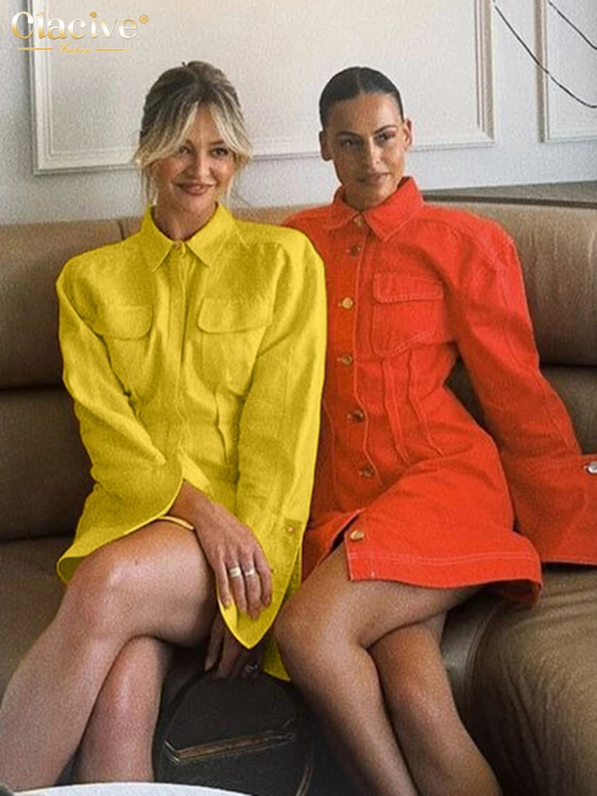 Clacive Fashion Ultra Thin Yellow Cotton 2piece Womens Elegant Long Sleeve Shirt High Waist Mini Skirt Set 250326