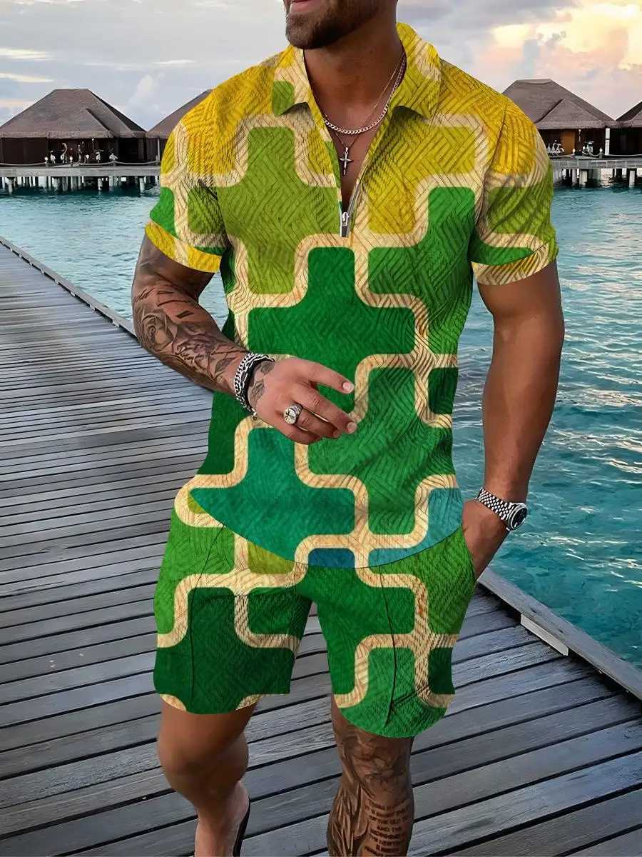 Color Gradient 2-piece Golf Summer Fashion Mens Polo Shirt Short Sleeve+Shorts Set Casual Beach SetXJ250326