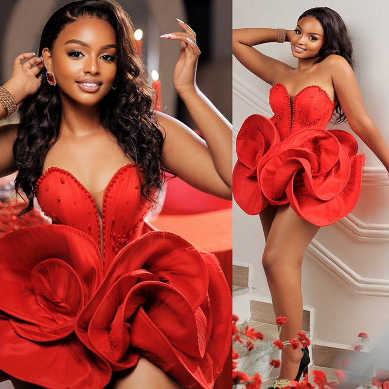 2025 Aso Ebi Red Cocktail Dresses For Women Short Prom Dresses Mini Dresses Birthday Dresses Appliqued Lace Sequined Lace Flora Gala Gowns For Special