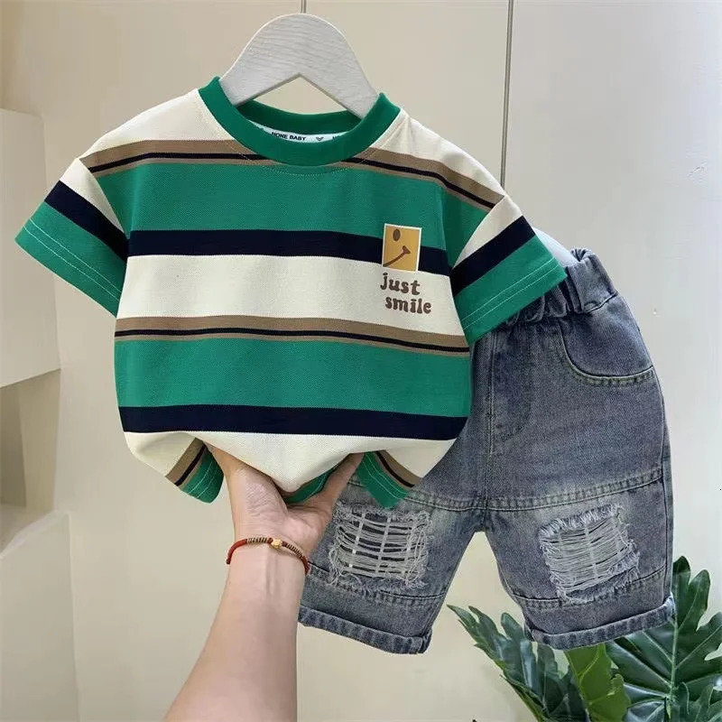 Boys Summer Boutique Outfits Cotton Set Baby Boys Short Sleeve Shirt Jeans Shorts 2pcs Clothing Children 6 7 8Y 250326