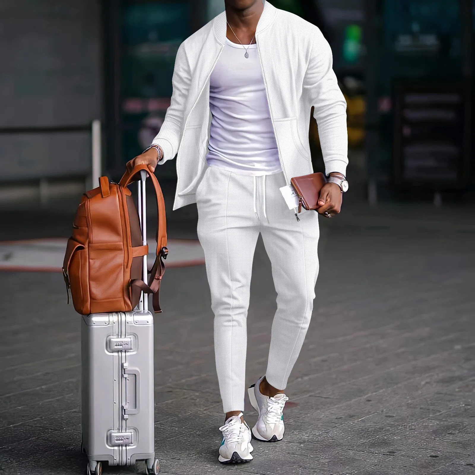 Autumn and Winter Mens Casual Jacket Set Fashion Waffle Baseball Round Neck Pocket Zipper Long Sleeve Trouser Two Piece 250326