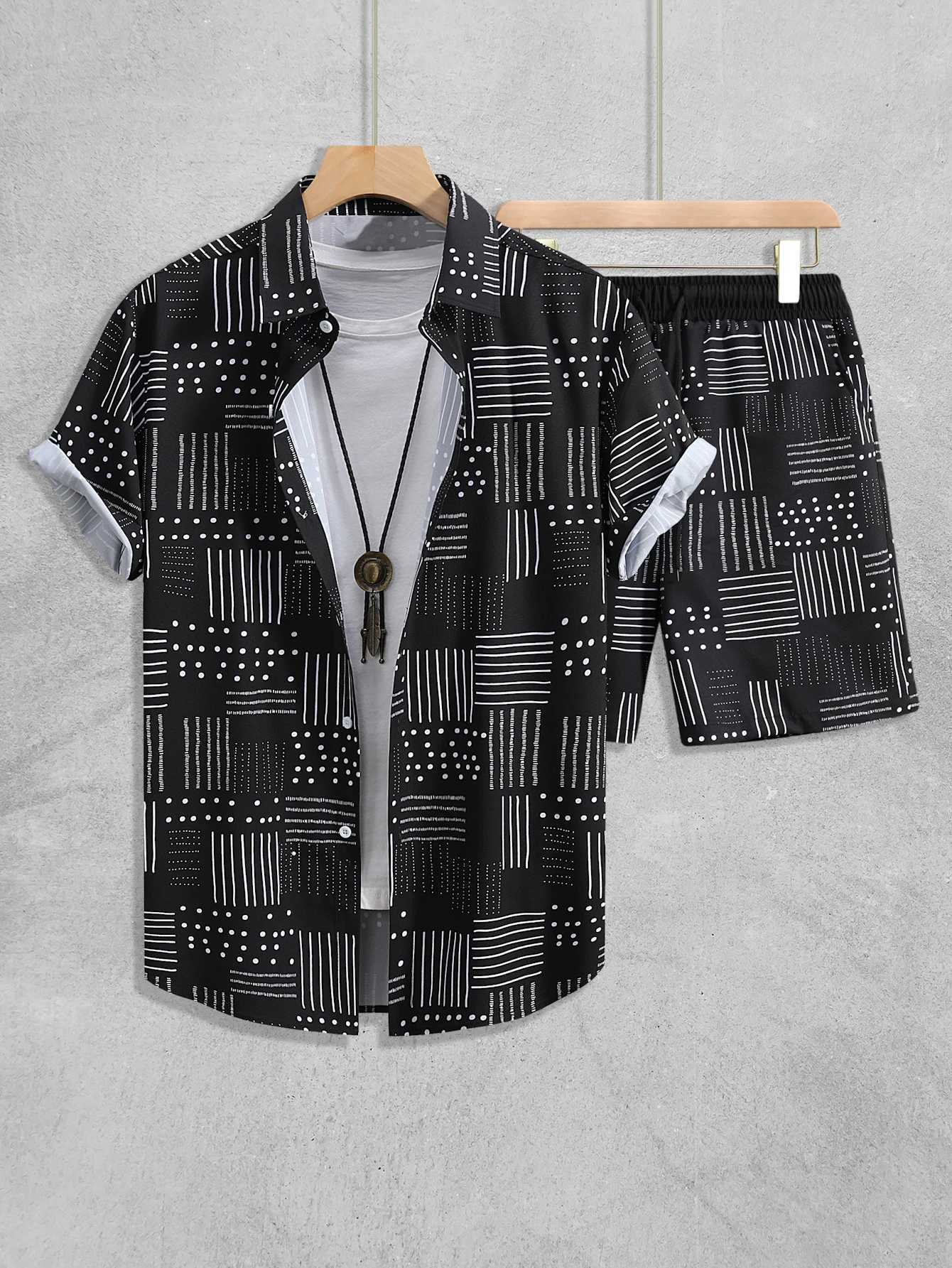 Mens floral short sleeved button striped shirt and short sleeved set casual beach short sleeved set summer setXJ250326