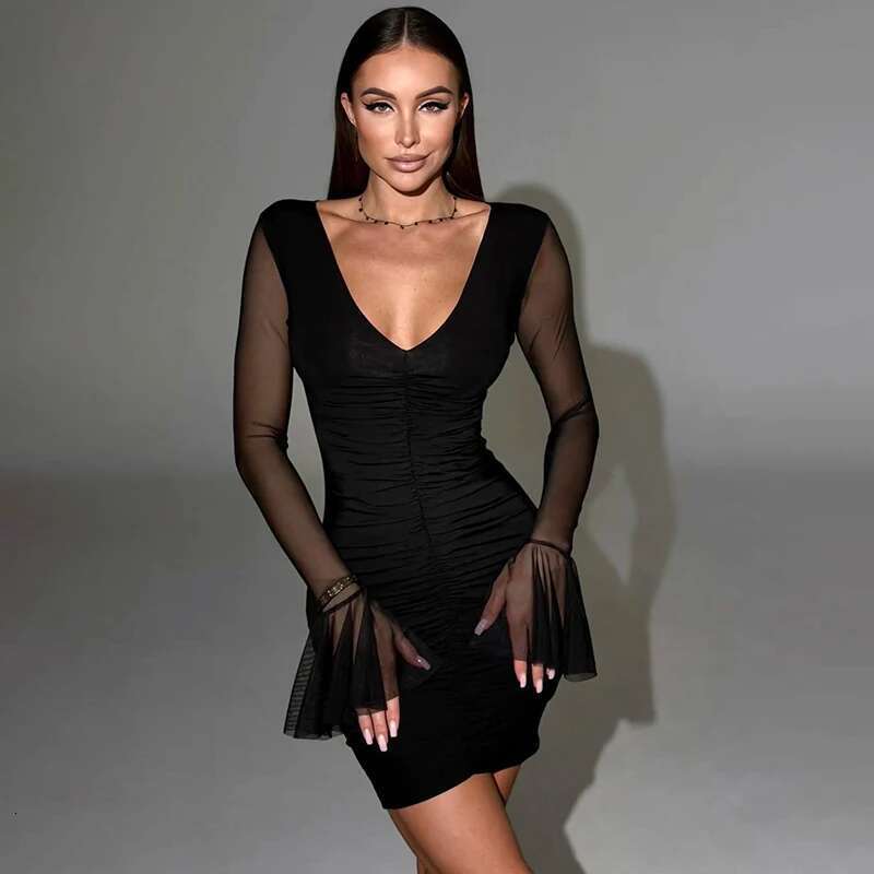 Spring CUTENOVA Summer 2025 And New Solid Color Sexy V-Neck Mesh Patchwork Pleated Ruffles Hip Flared Sleeve Mini Short Dresses