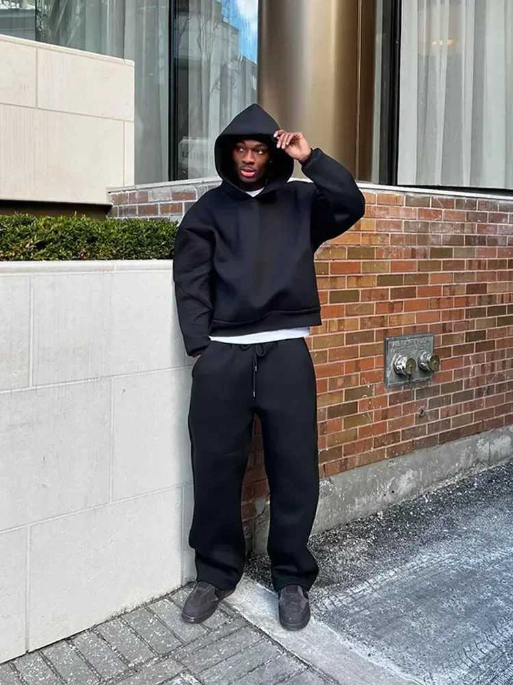 Autumn jogging sweatshirt Trouser set casual solid couple hooded sweatshirt and loose sweatpants 2-piece set for menXJ250326