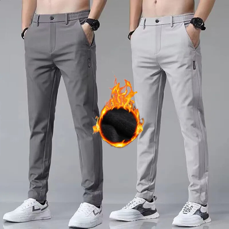 2024Winter velvet Casual Pants Men Thick Business Stretch Slim Elastic Waist Jogger Outdoors Korean Classic Fleece Trousers Male 250317