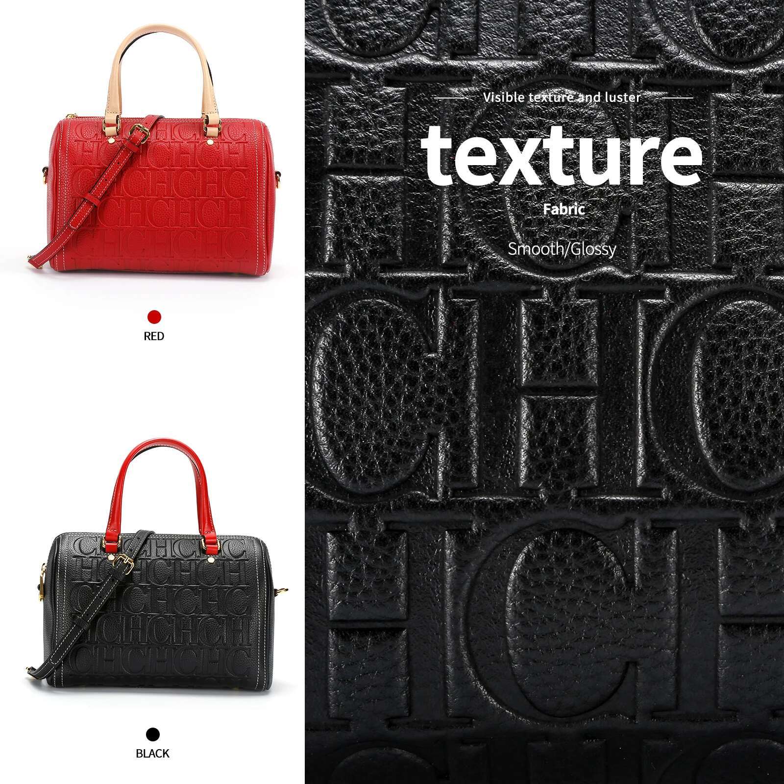 CHCH Women's Shoulder 2024 New Black Cow Leather Letter Emed Zipper Tote Bag 26*14.5*18Cm