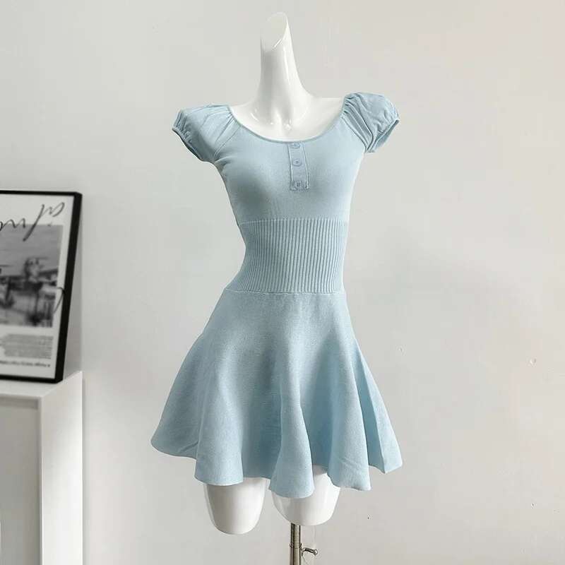 Women's Sweet Style Short Ballet Knitted Slimming Dress Bubble Sleeves Solid Colour Versatile Casual Summer