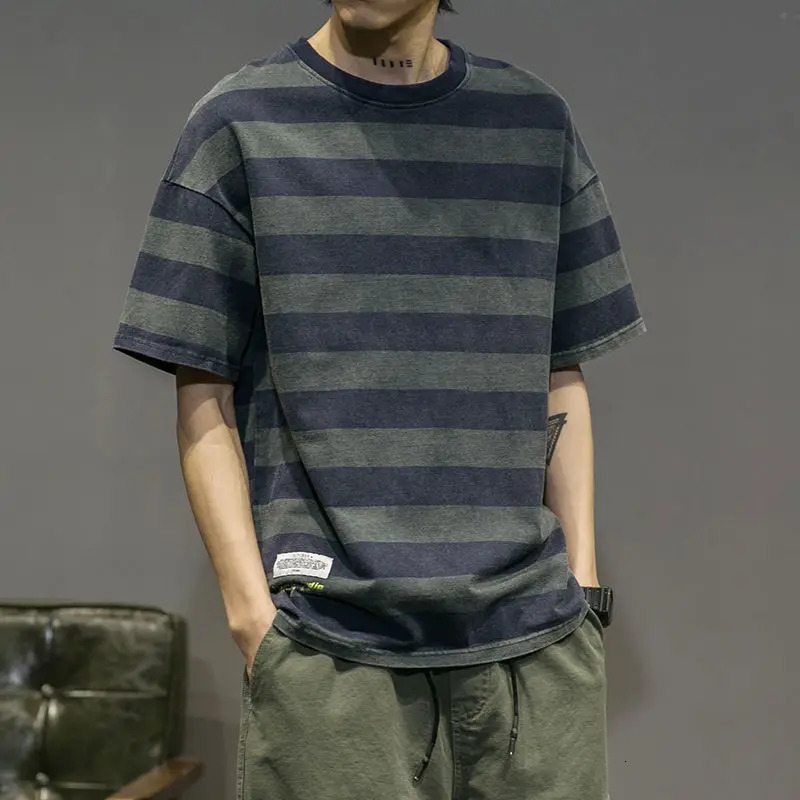 Mens Harajuku striped loose Tshirt summer short sleeved Oneck full matching plus size top retro casual mens clothing 250326