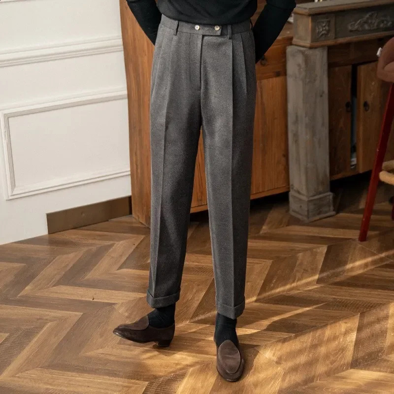 Autumn Winter High-Waisted Woolen Casual Pants For Men Warm Straight-Leg Draped Narrowing Legging Casual Suit Pants 250317