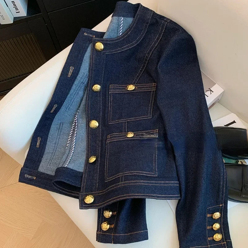 Womens denim jacket with spring and autumn buttons retro Chaquetas Korean fashion blue simple chic B386 250326