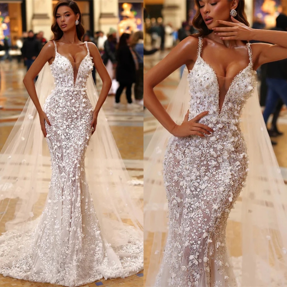 Designer Mermaid Wedding Dress V Neck Spaghetti Strap Bridal Gowns Sequins Appliques Lace Sweep Train Dresses Custom Made vestidos de novia