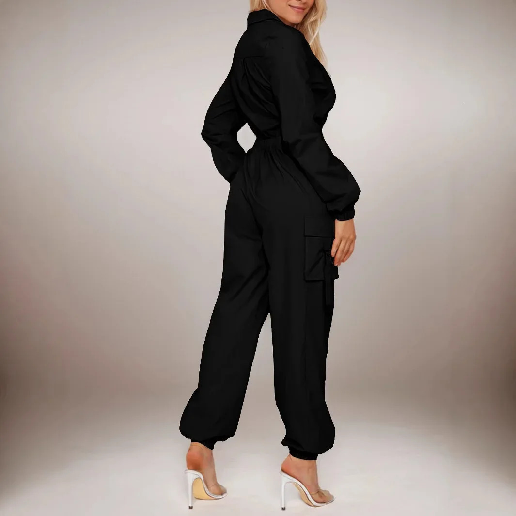 Fashion crossover womens jumpsuit with elastic waist pocket and fit outdoor work clothes long pants 250326