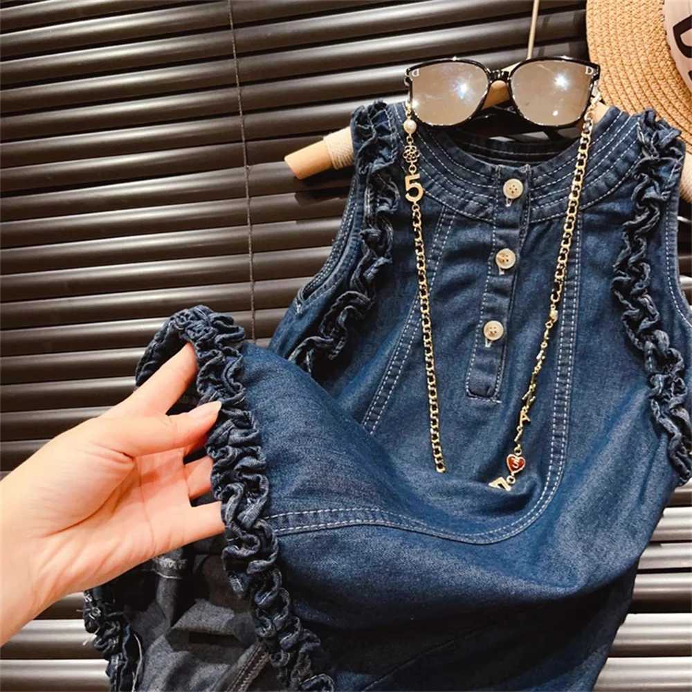 Bear collar summer 2024 new girl fungal edge solid color three button classic denim sleeveless vest W250326