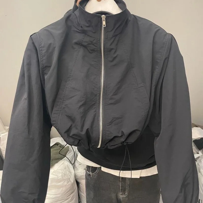 Basic Jackets for Women Spring Autumn Y2k Cropped Zip-up Outerwear Baggy Casual Pleated Stylish College Sporty Long Sleeve 250322