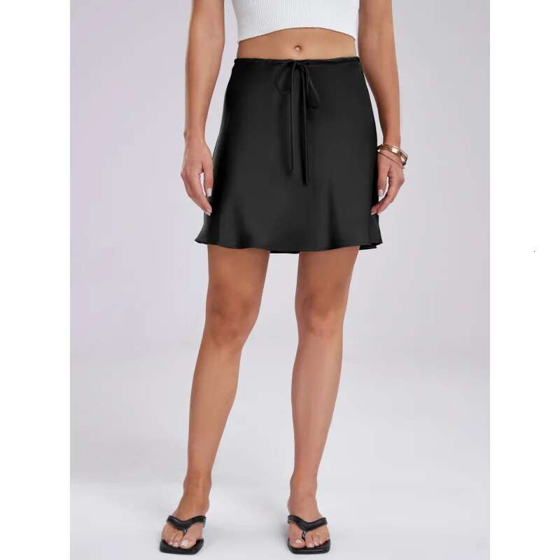 Dongdumaoyi Satijnen Midi Rok Trekkoord Tie Taille Casual Korte Zomer Effen Kleur Dames A