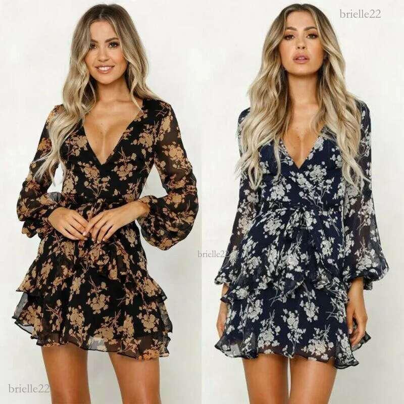 Casual Dresses Womens Boho Floral Chiffon Long Sleeve Wrap Summer Party Evening V-neck Beach Short Mini Dress Sundress S-XL Female1