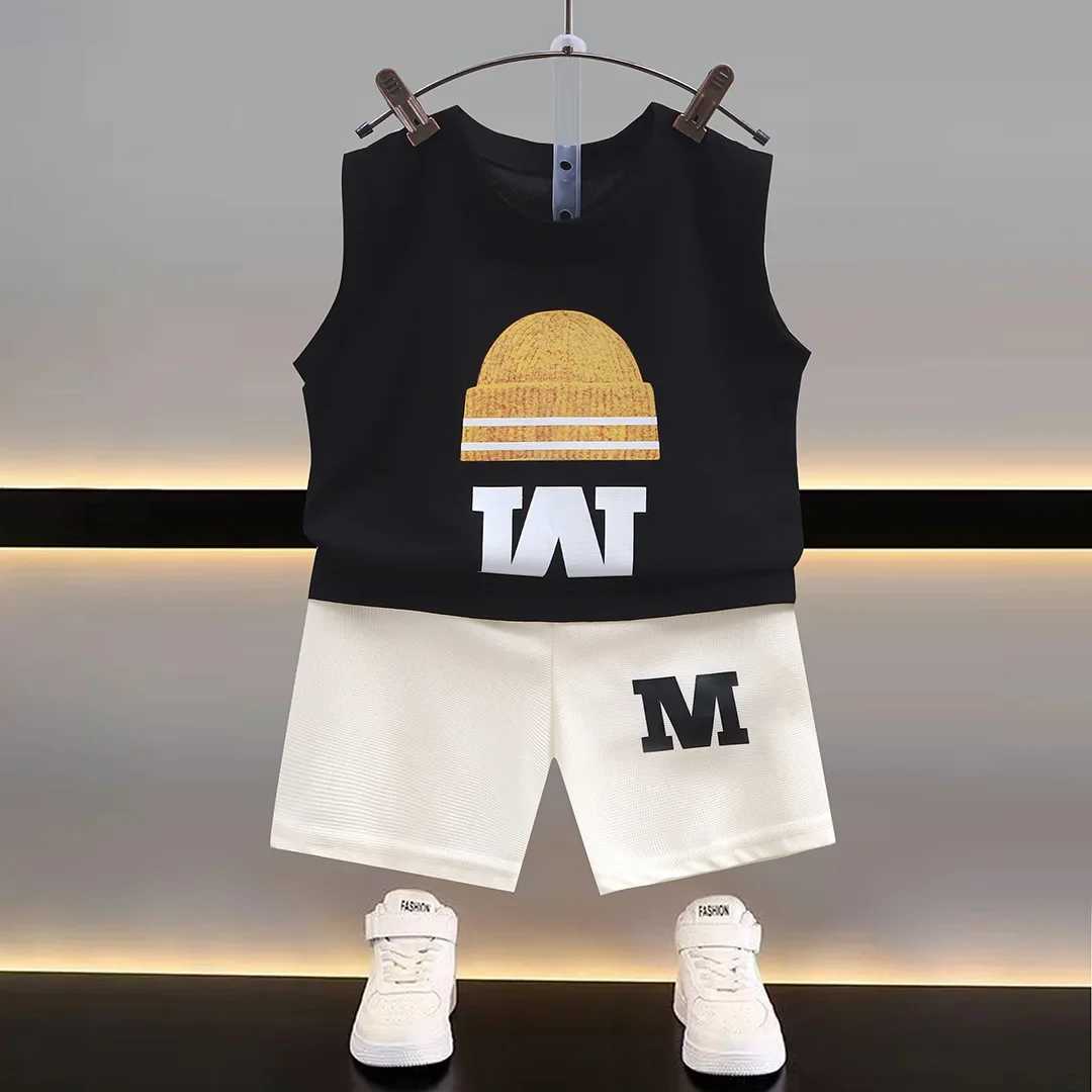 2024 New Summer Childrens Sportswear Set Boys and Girls Cartoon Letter Printed Sleeveless Tank Top+Shorts Baby Casual ClothingT250327